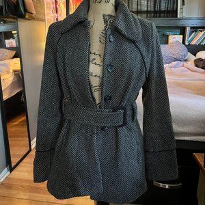 Merona Size M Lined Wool Tweed Pea Coat With Buttons, Pockets and Cloth Belt